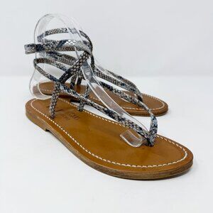 K.Jacques Silver Leather Snake Print Flat Sandals Women's EU Size 37 Thong Style